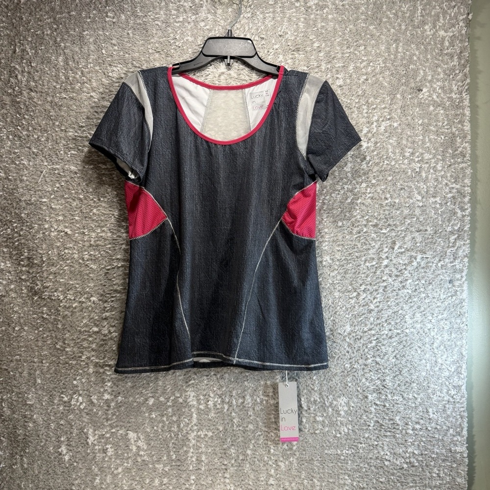 Lucky In Love Short Sleeve Top Gray Pink Xl Mesh Details UPF Sporty Preppy NWT
